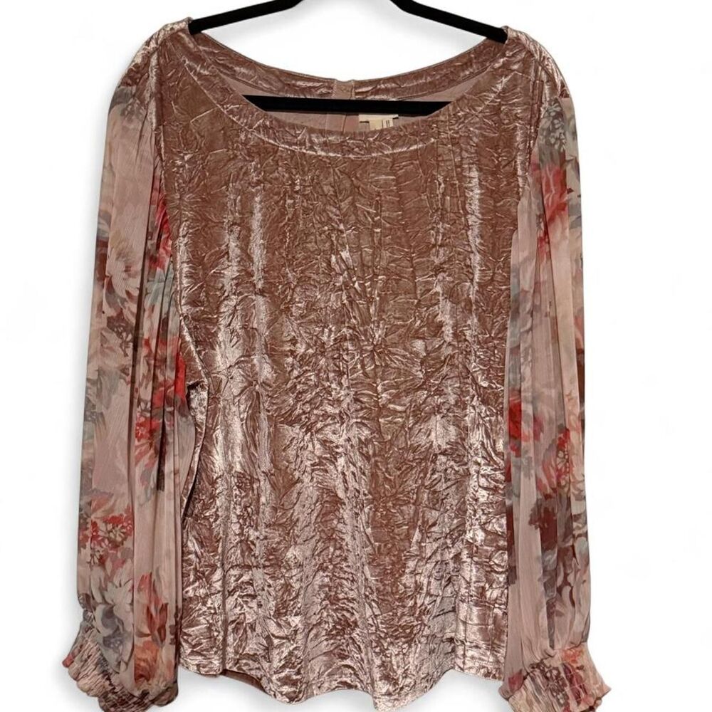 Anthropologie Meadow Rue Crushed Velvet Mixed Media Floral Blouse Top L NWOT
